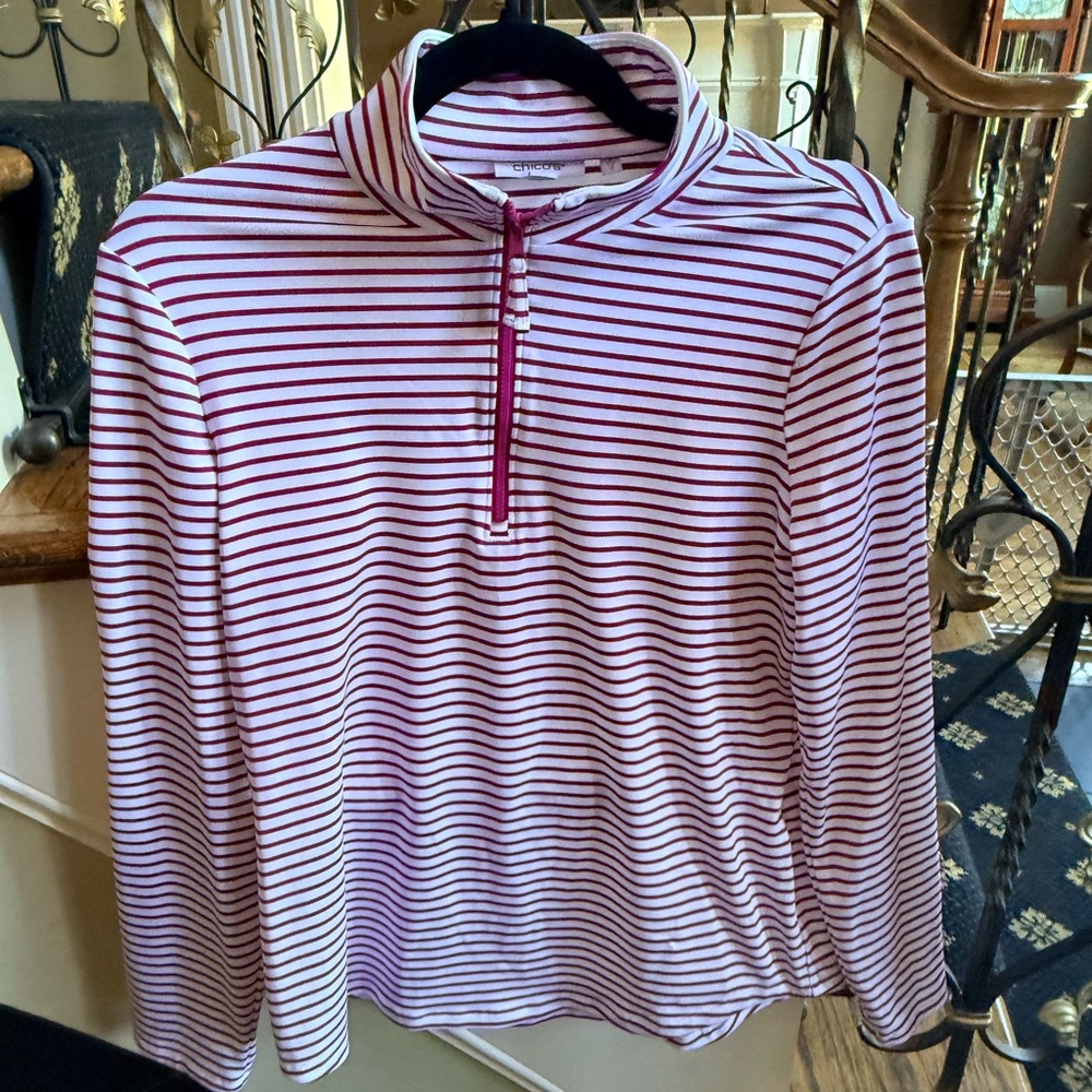 Chico’s Zenery Stretch material 3/4 zip long sleeve top. Size 0 EUC pink /White - Picture 2 of 11
